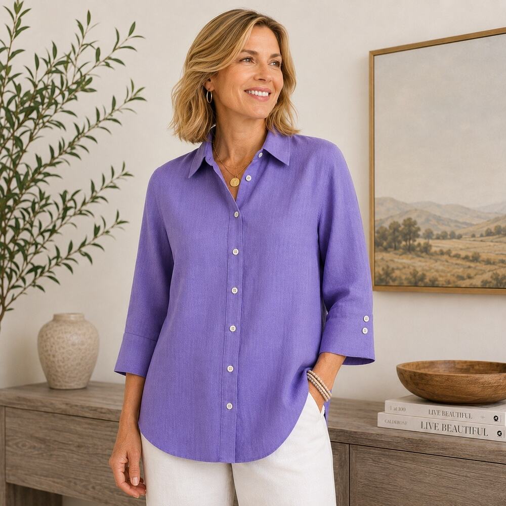 Chico’s 100% Linen Purple Button Front 3/4 Sleeve Blouse Size 2 US 12